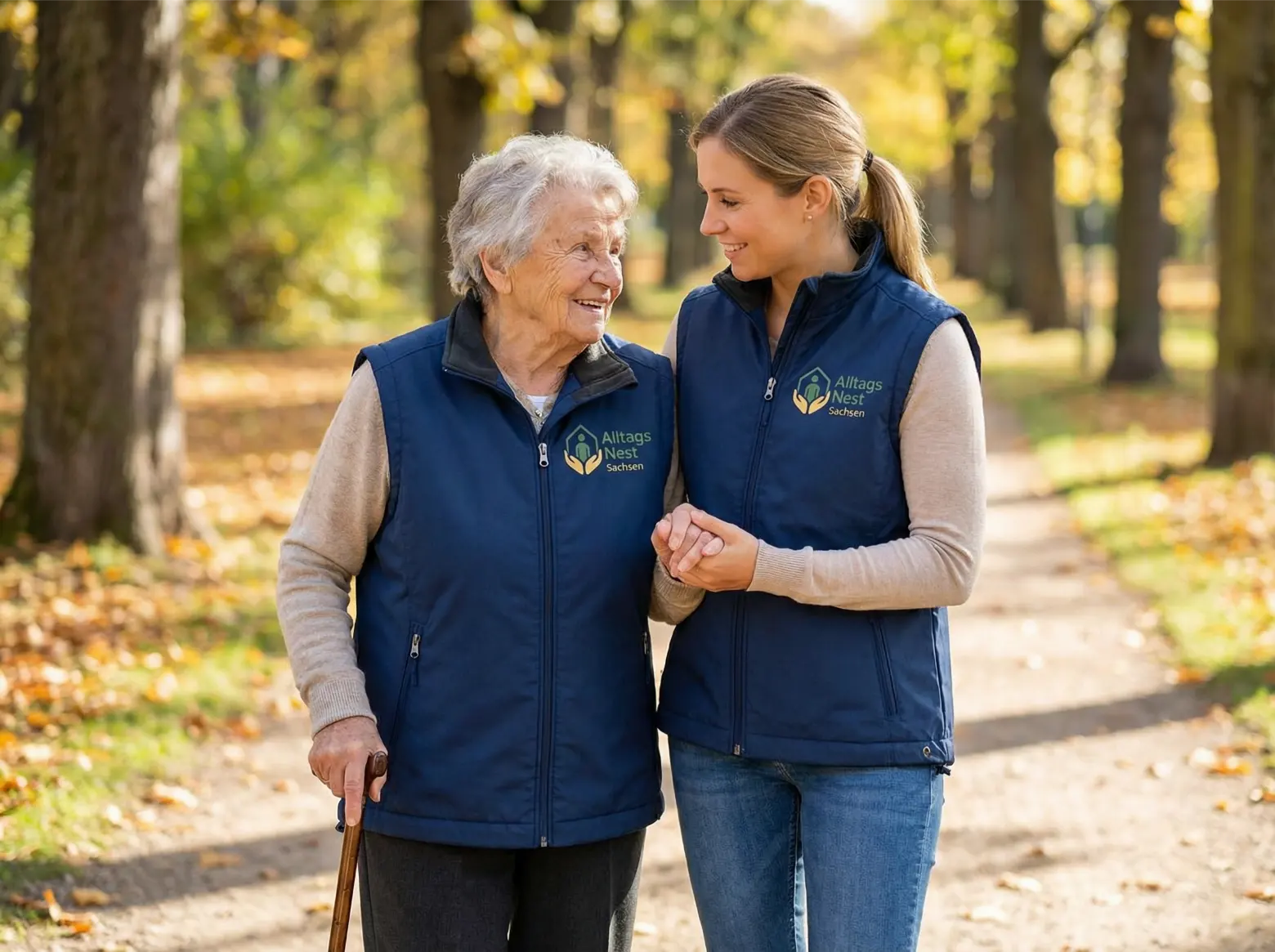 Glückliche Seniorin mit Betreuerin in Dresden